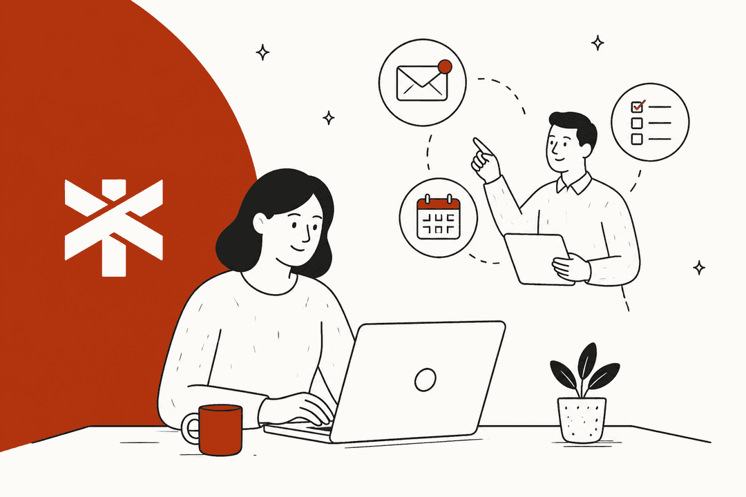 Town AI alternatives hero banner in Town's rust red, a person working at a laptop while an assistant points to email, calendar and task icons