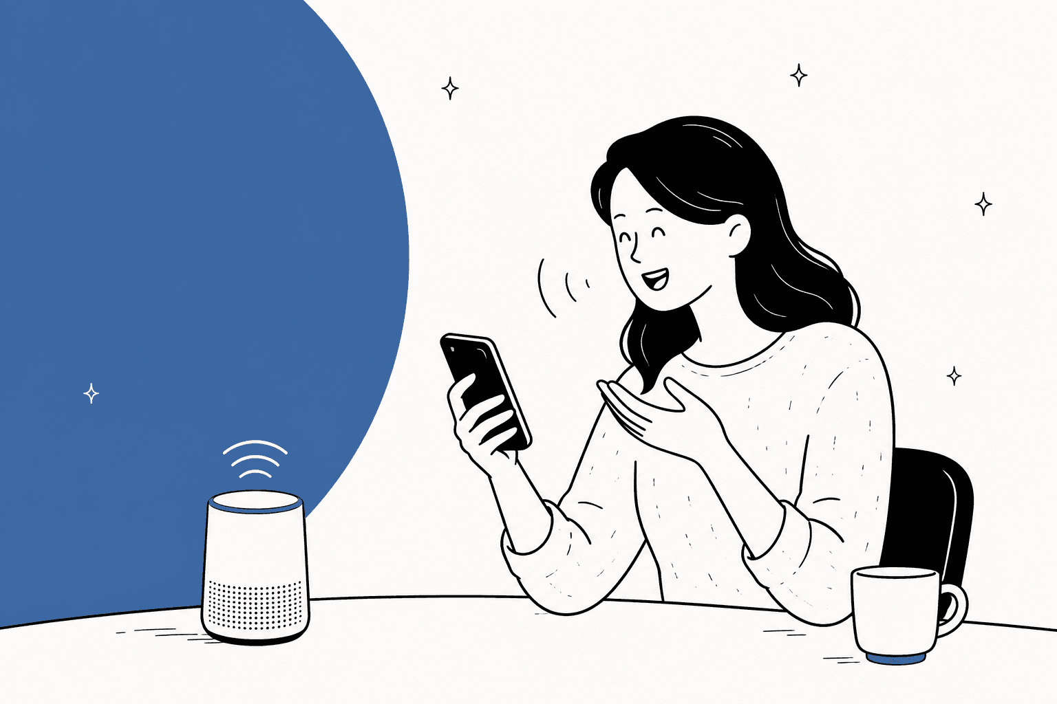 A person talking to a phone and a smart speaker, illustrating free voice assistant AI tools in 2026