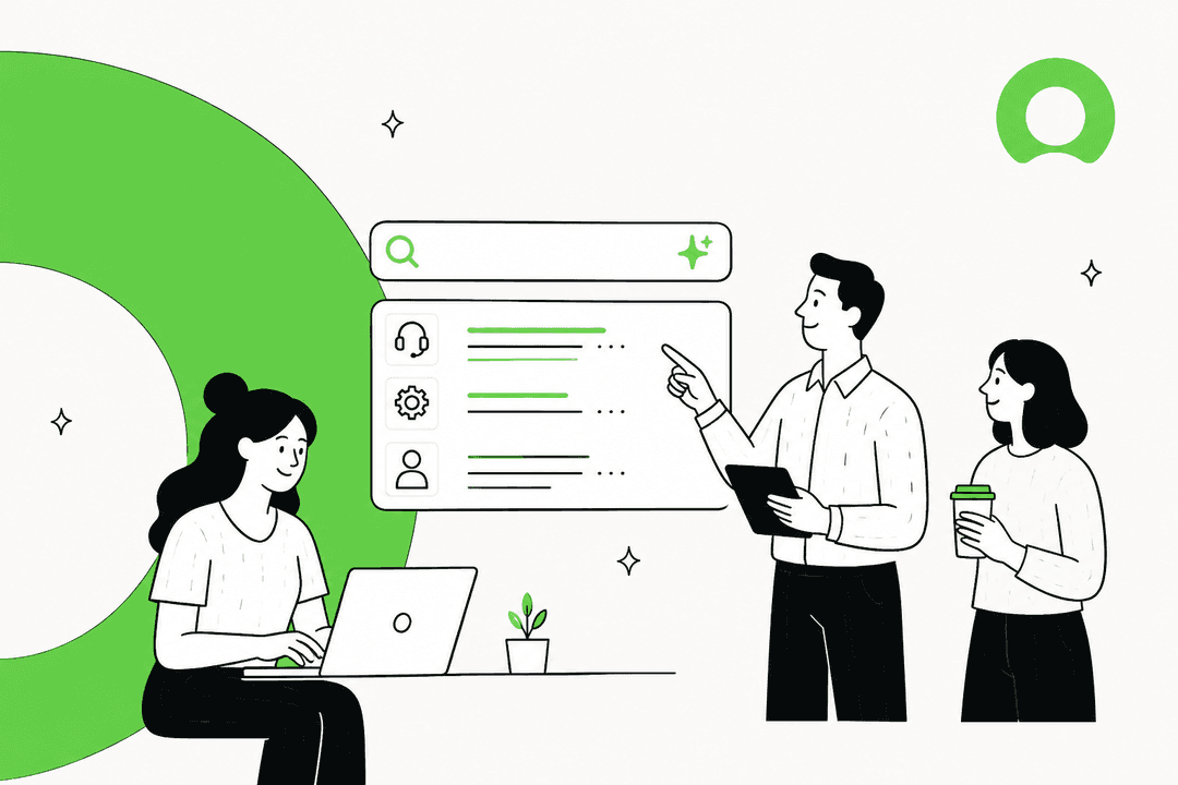 Illustrated team gathered around an AI search bar with ranked results for a 2026 overview of ServiceNow AI Search