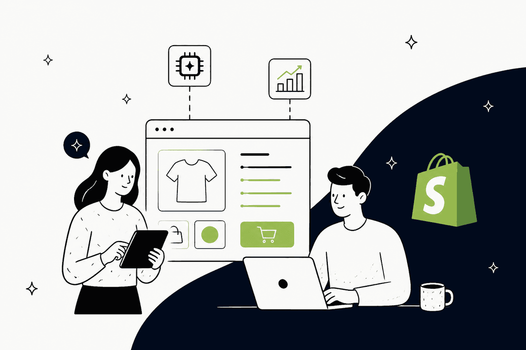 Two people building a Shopify store with AI tools around a product page