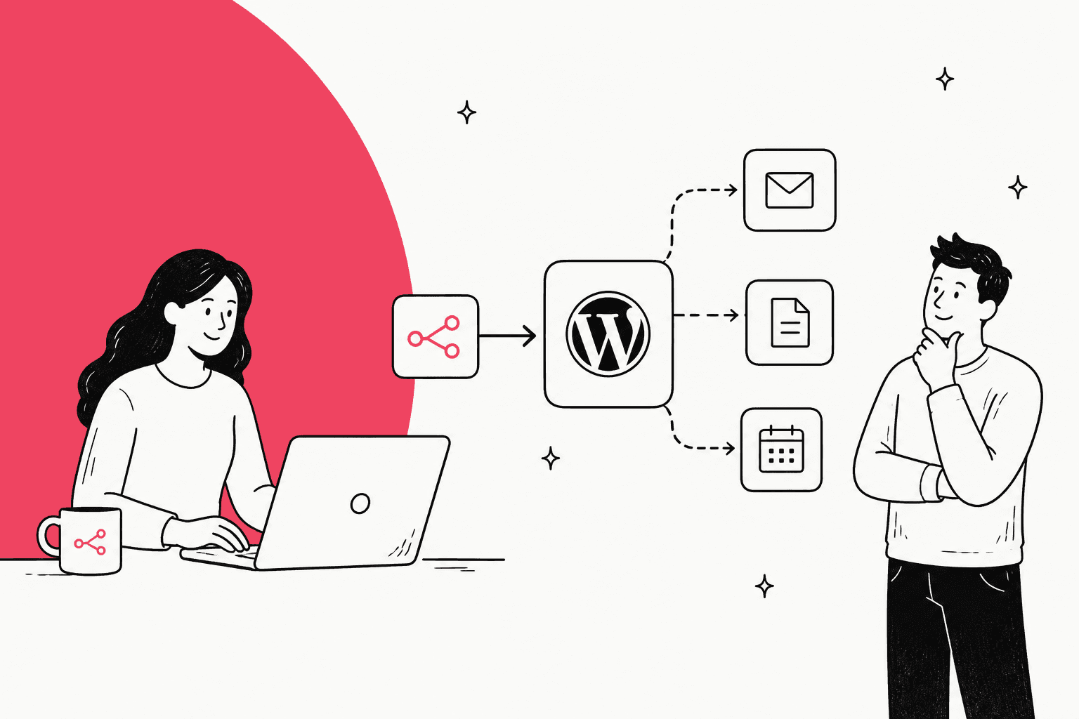 Illustration of a colleague building an n8n workflow that sends data into WordPress
