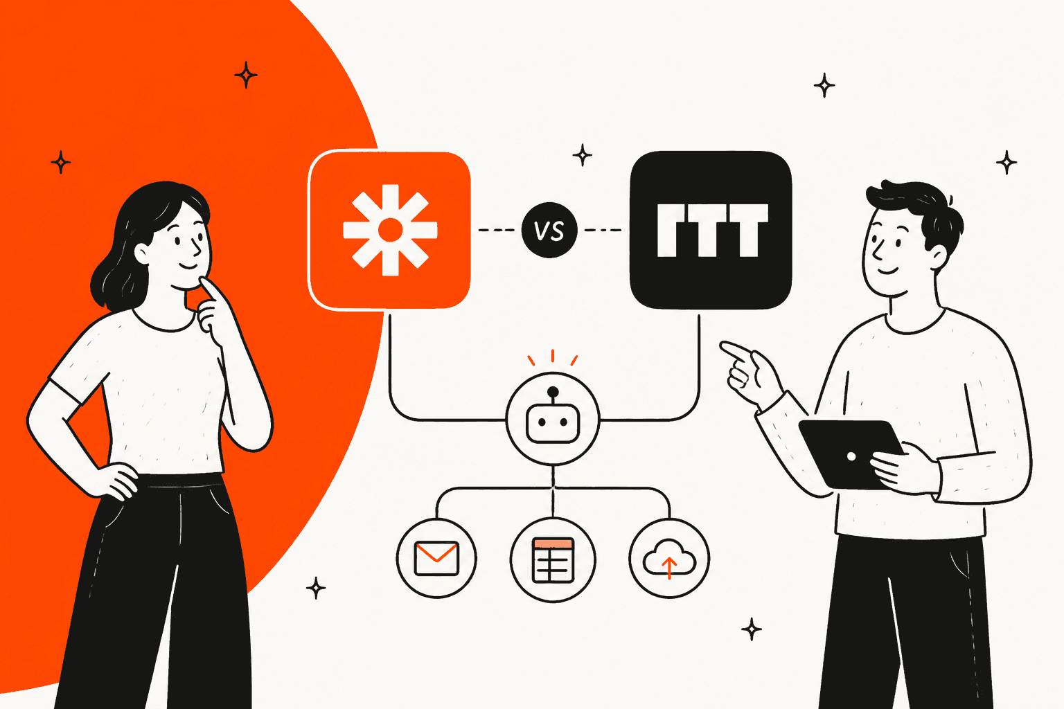 Illustration of two people comparing the Zapier and IFTTT logos