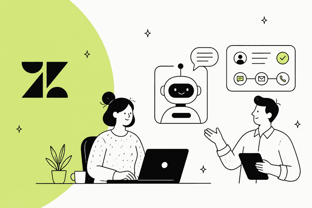 Hand-drawn illustration of two support agents with an AI agent and channel icons beside the Zendesk logo