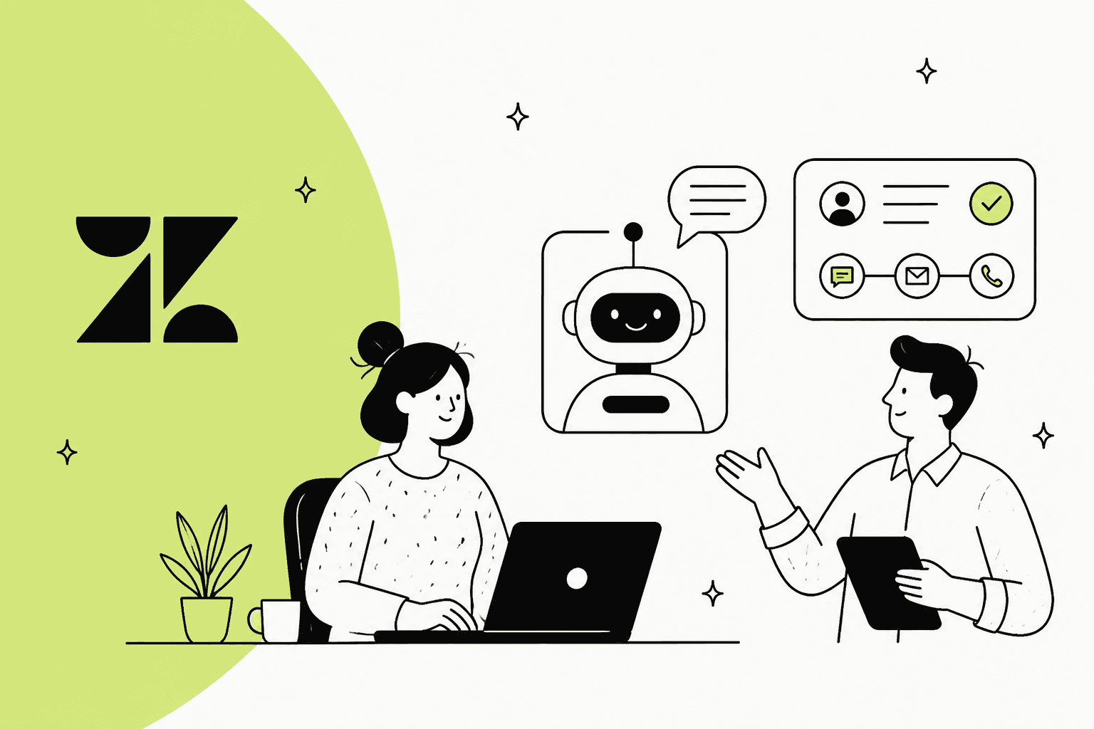 Hand-drawn illustration of two support agents with an AI agent and channel icons beside the Zendesk logo