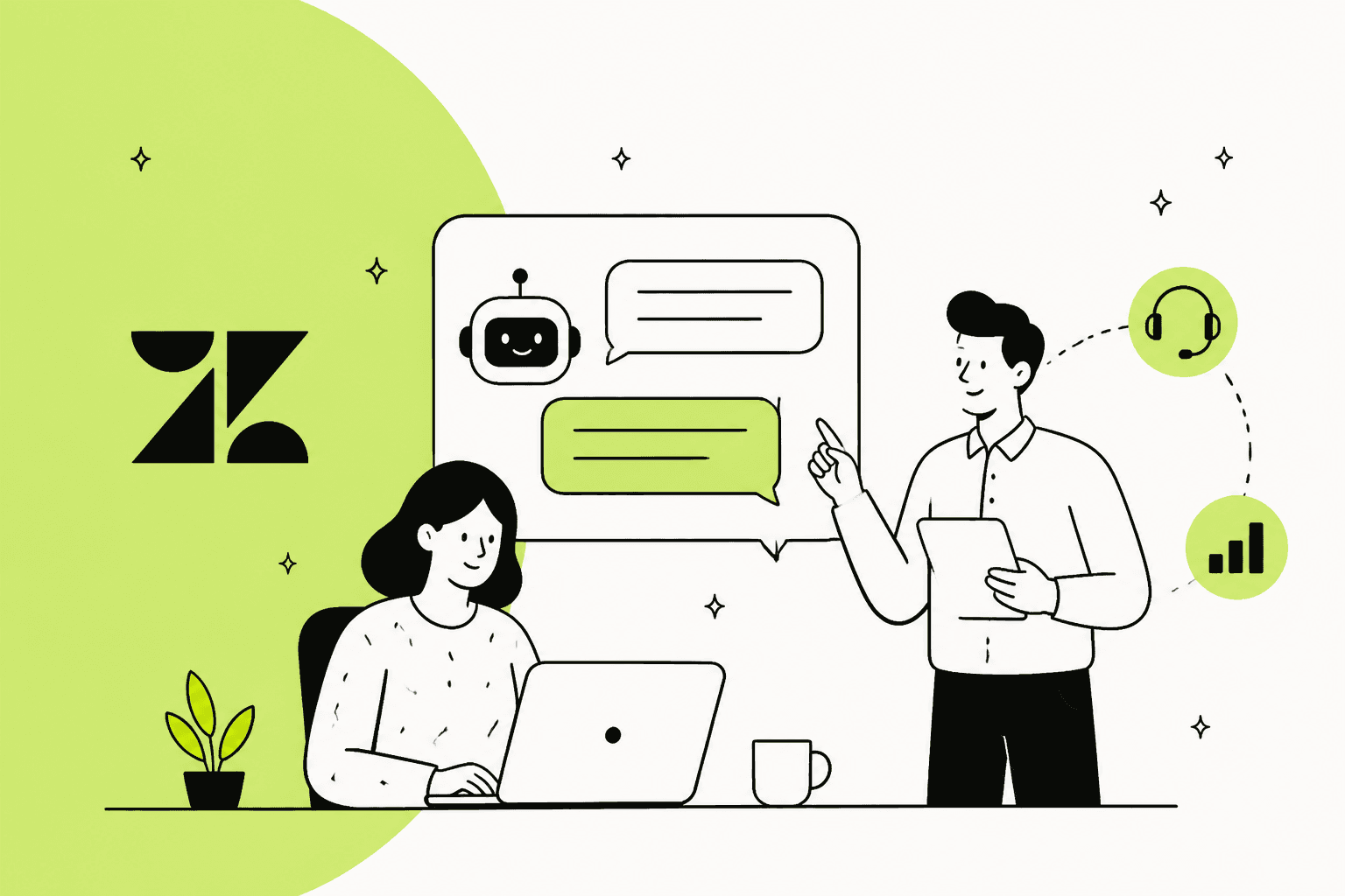 Illustration of two support teammates working beside a chatbot window and the Zendesk logo