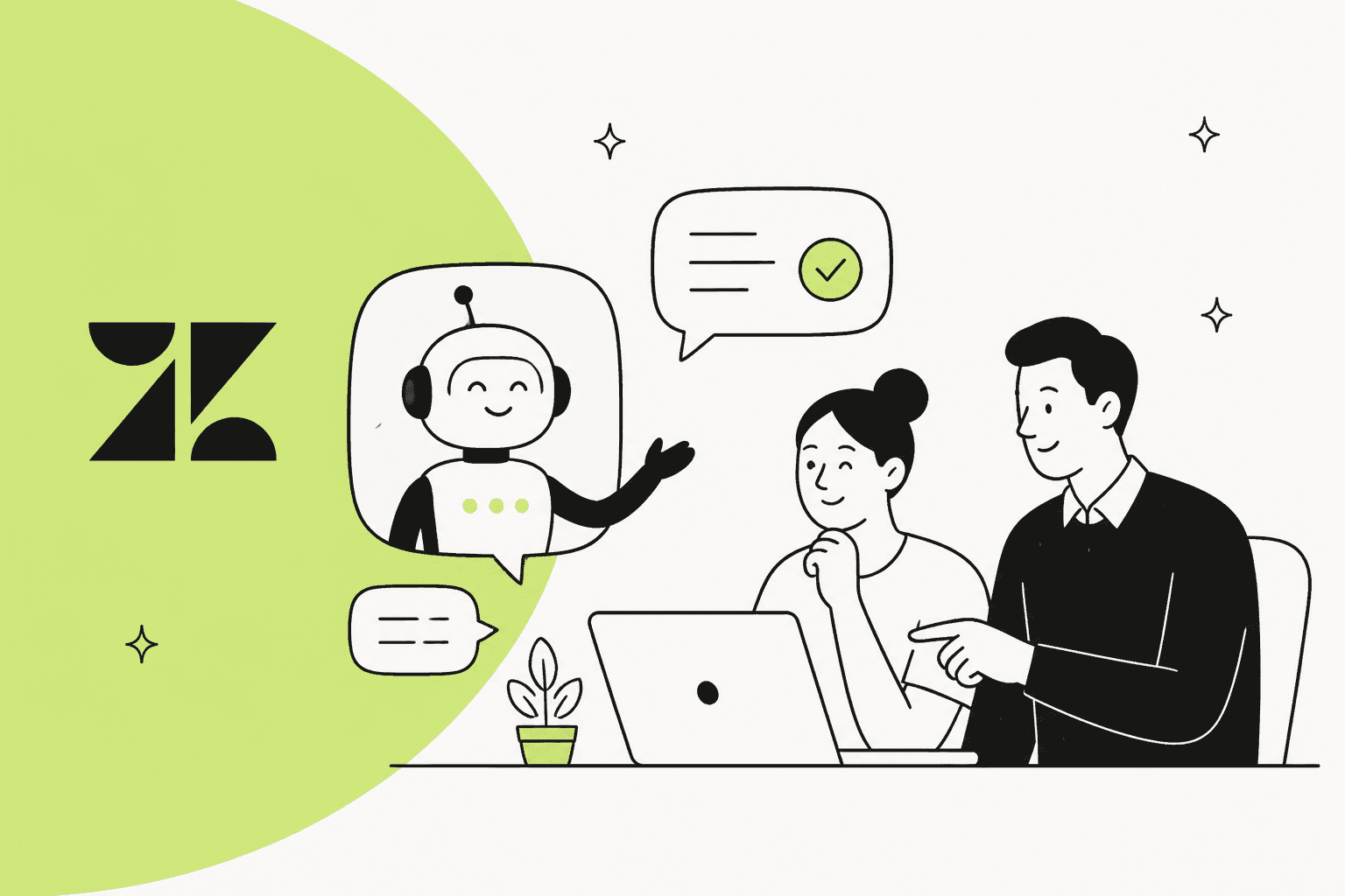 Illustration of two support teammates looking at a friendly chatbot beside the Zendesk logo