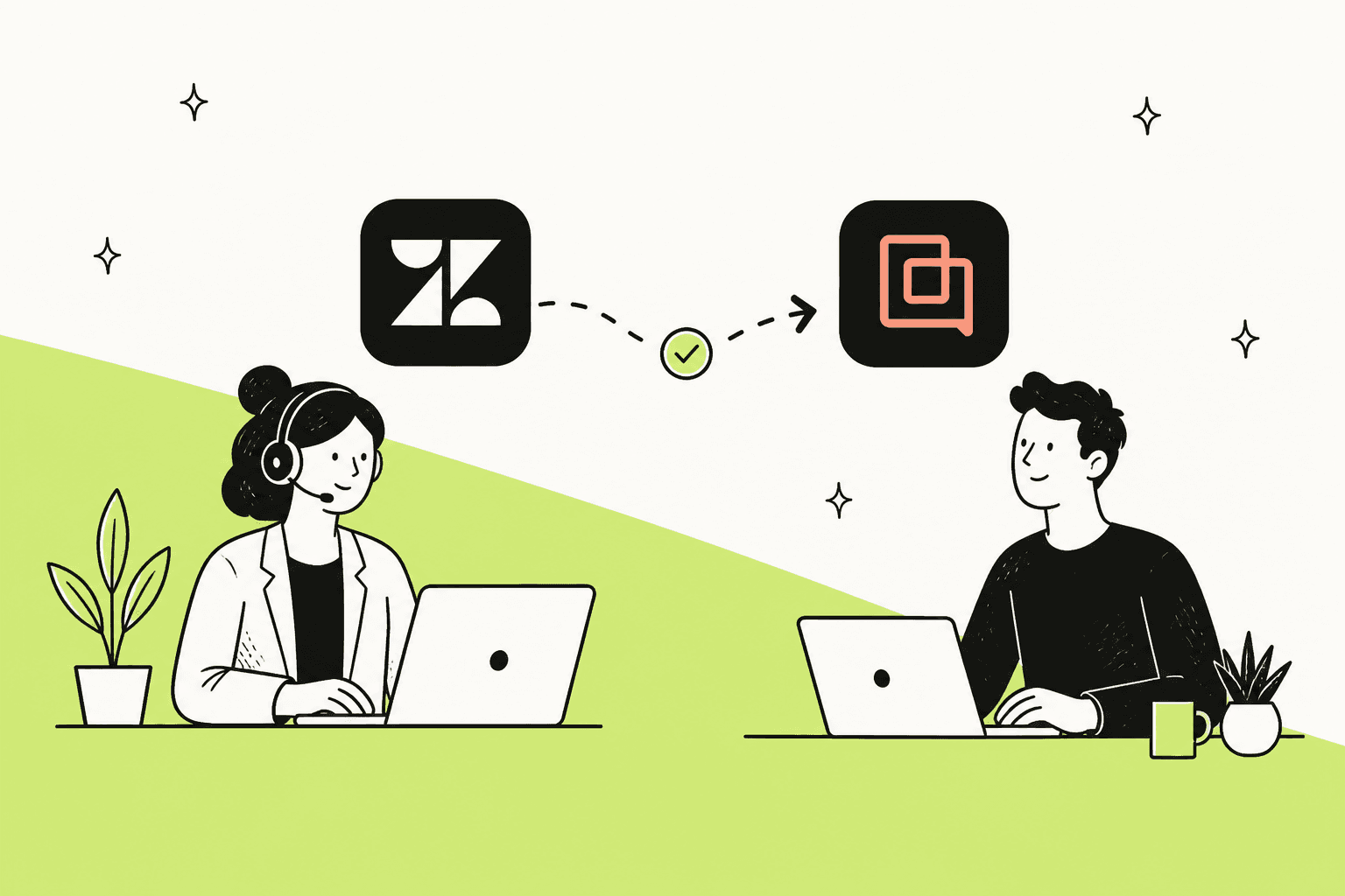 Hand-drawn illustration of a support agent on Zendesk handing work over to a colleague on Gorgias, with a dashed arrow between the two logos