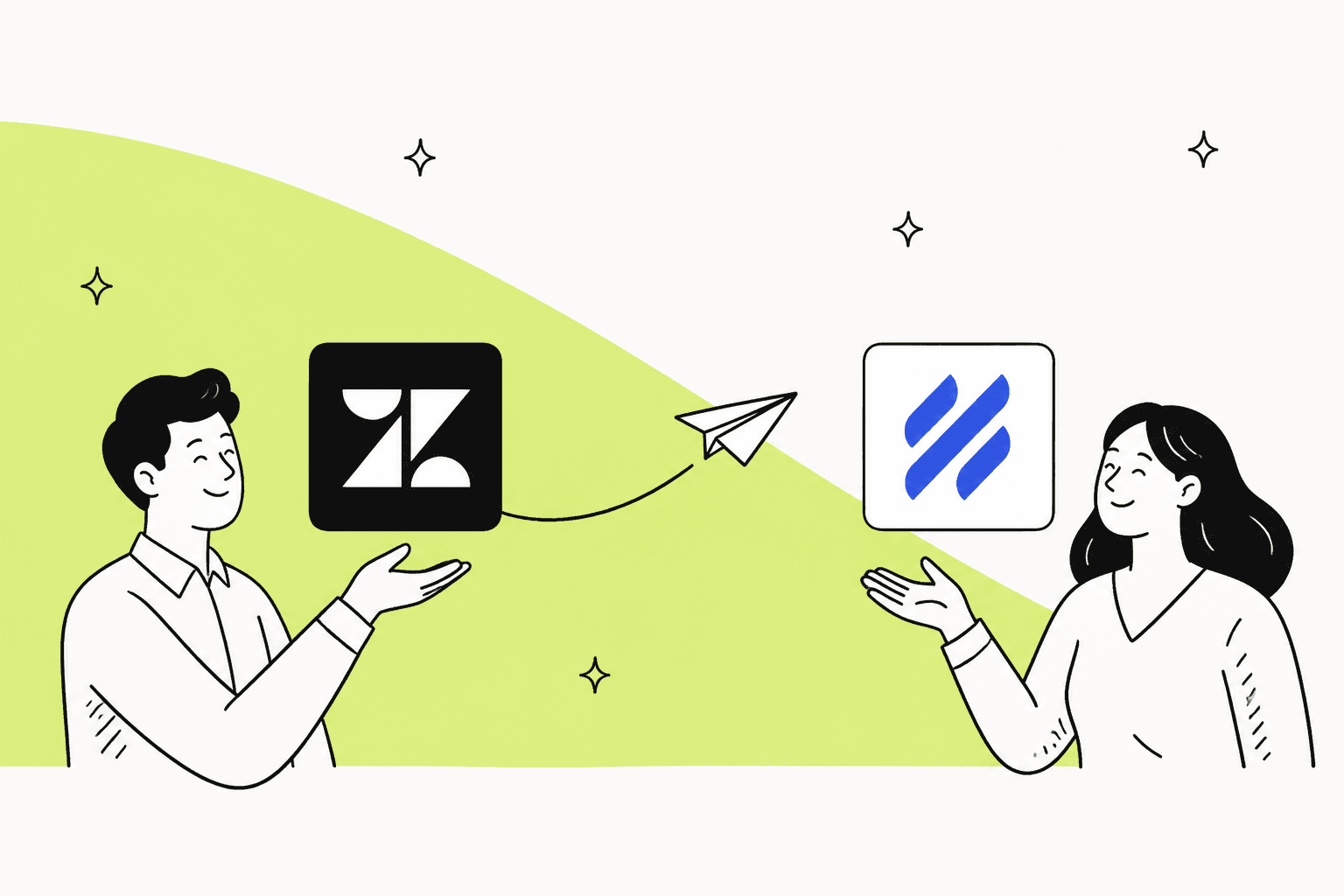 Hand-drawn illustration of two teammates passing a paper plane from the Zendesk logo to the Help Scout logo