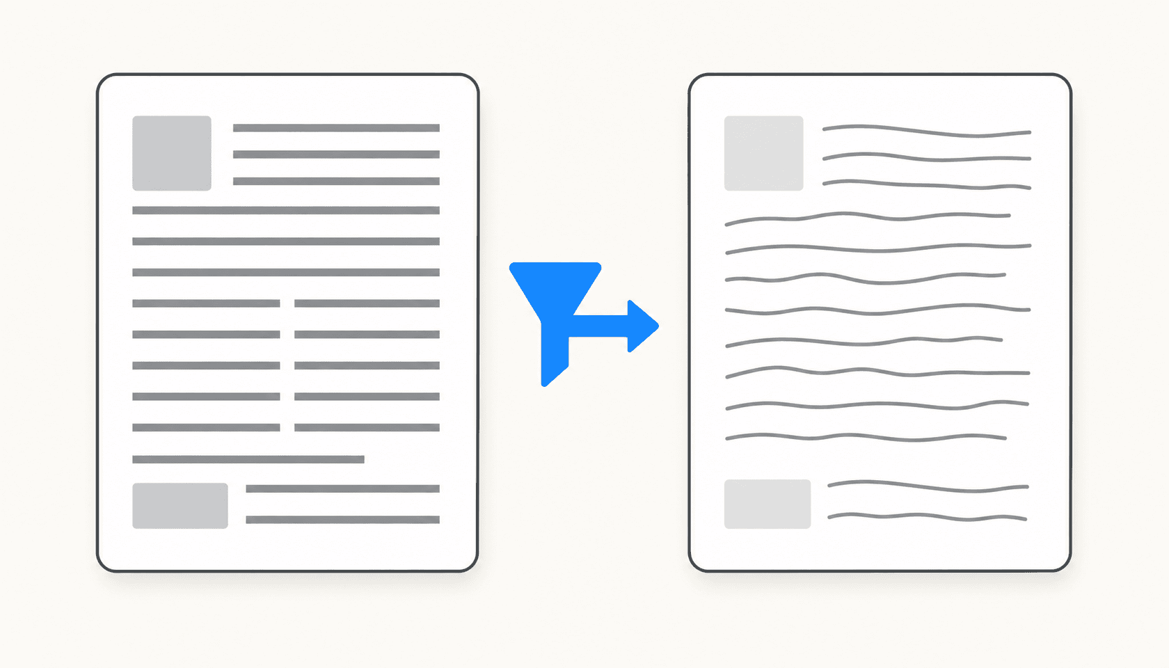 Two document panels with an AI transformation filter between them on a warm off-white background
