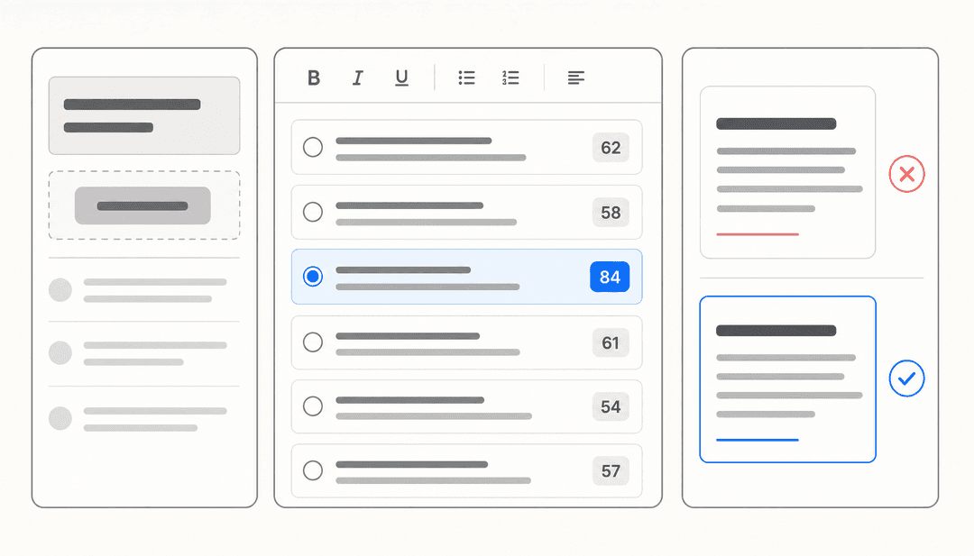 Three-panel editorial illustration showing ad copy variants, a performance score interface, and a before/after comparison