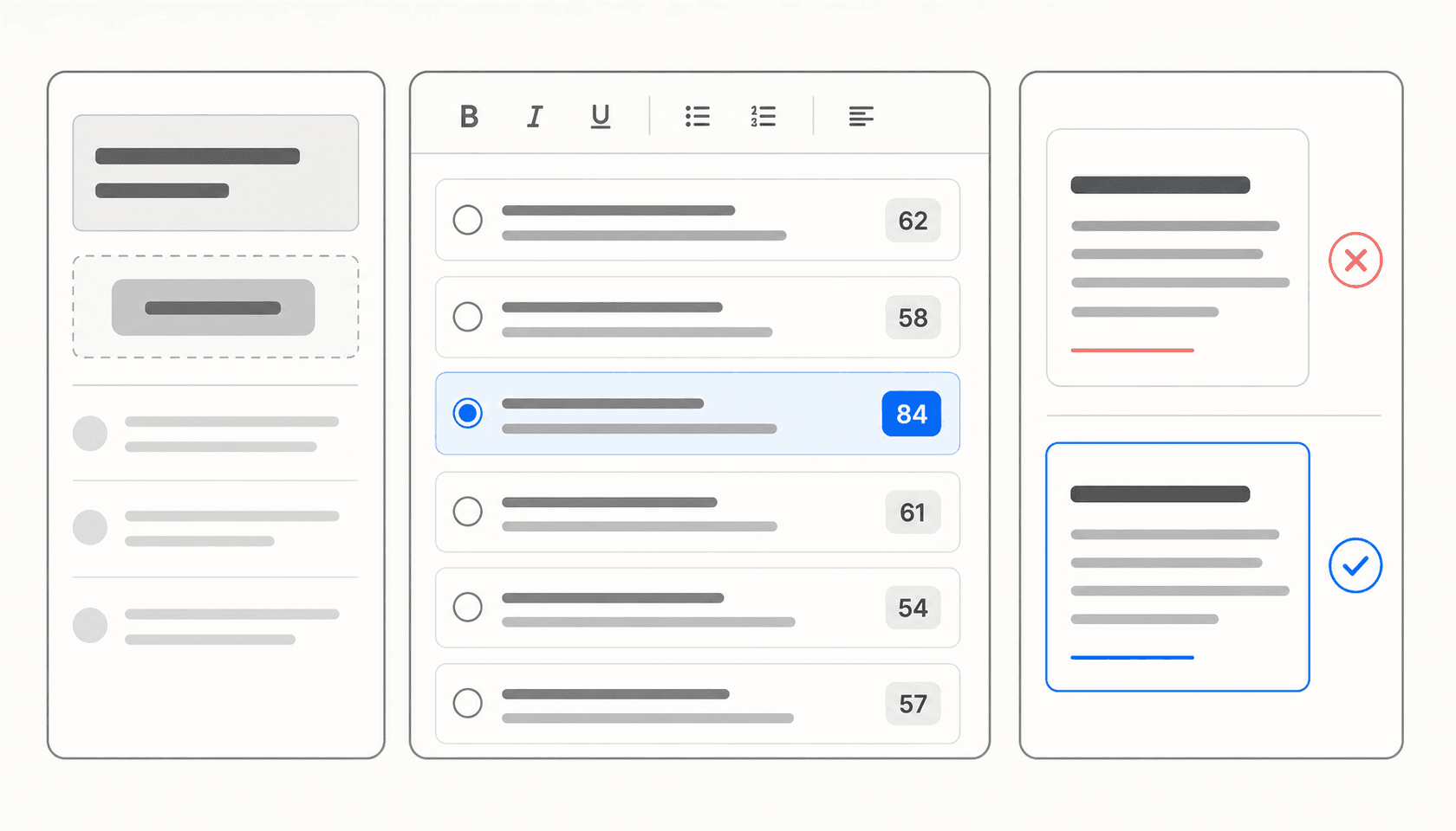 Three-panel editorial illustration showing ad copy variants, a performance score interface, and a before/after comparison