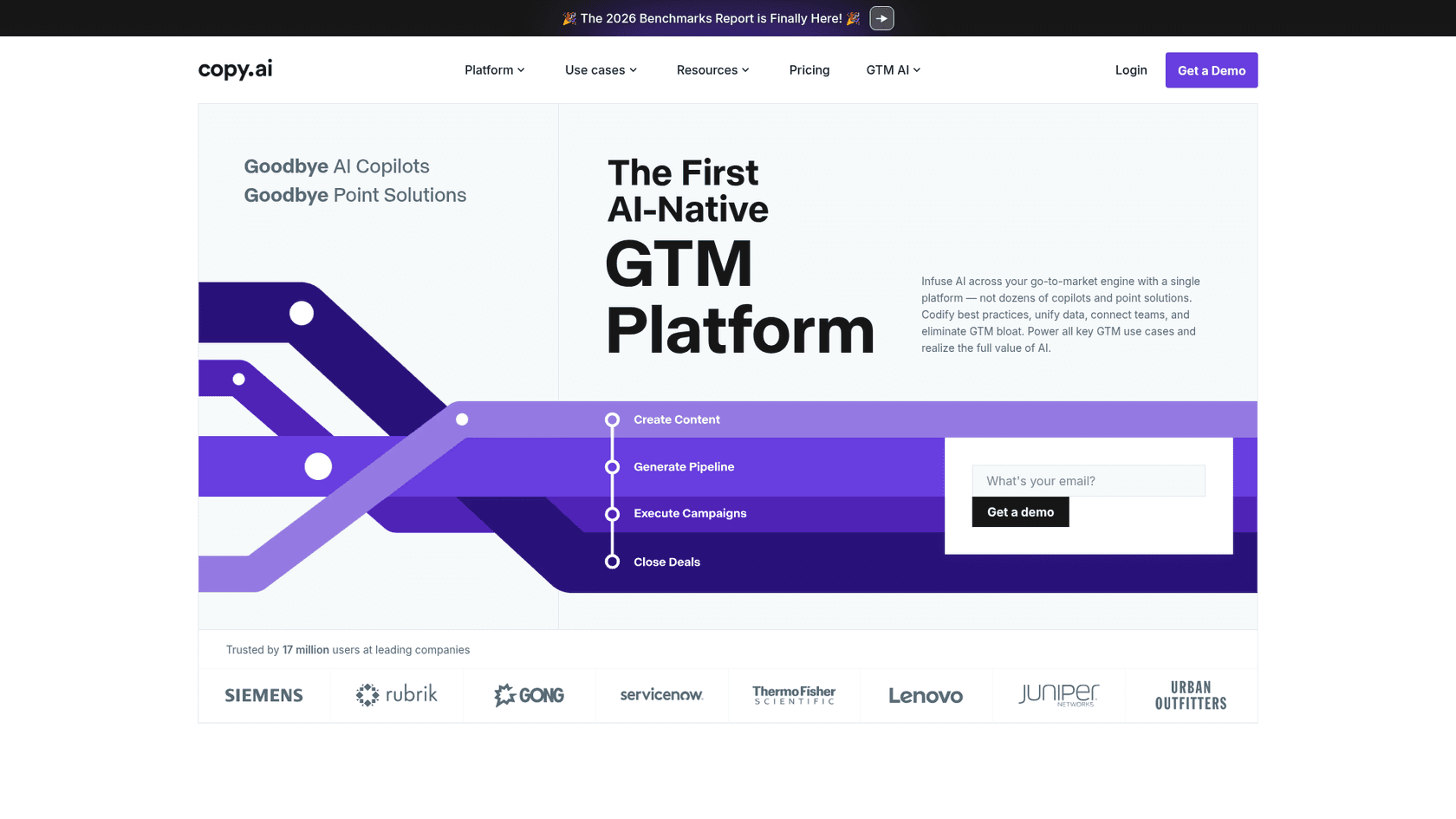 Copy.ai homepage with The First AI-Native GTM Platform