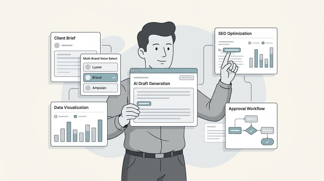 Editorial illustration of an agency content workspace with brief, draft, optimisation, and publishing panels connected in a workflow