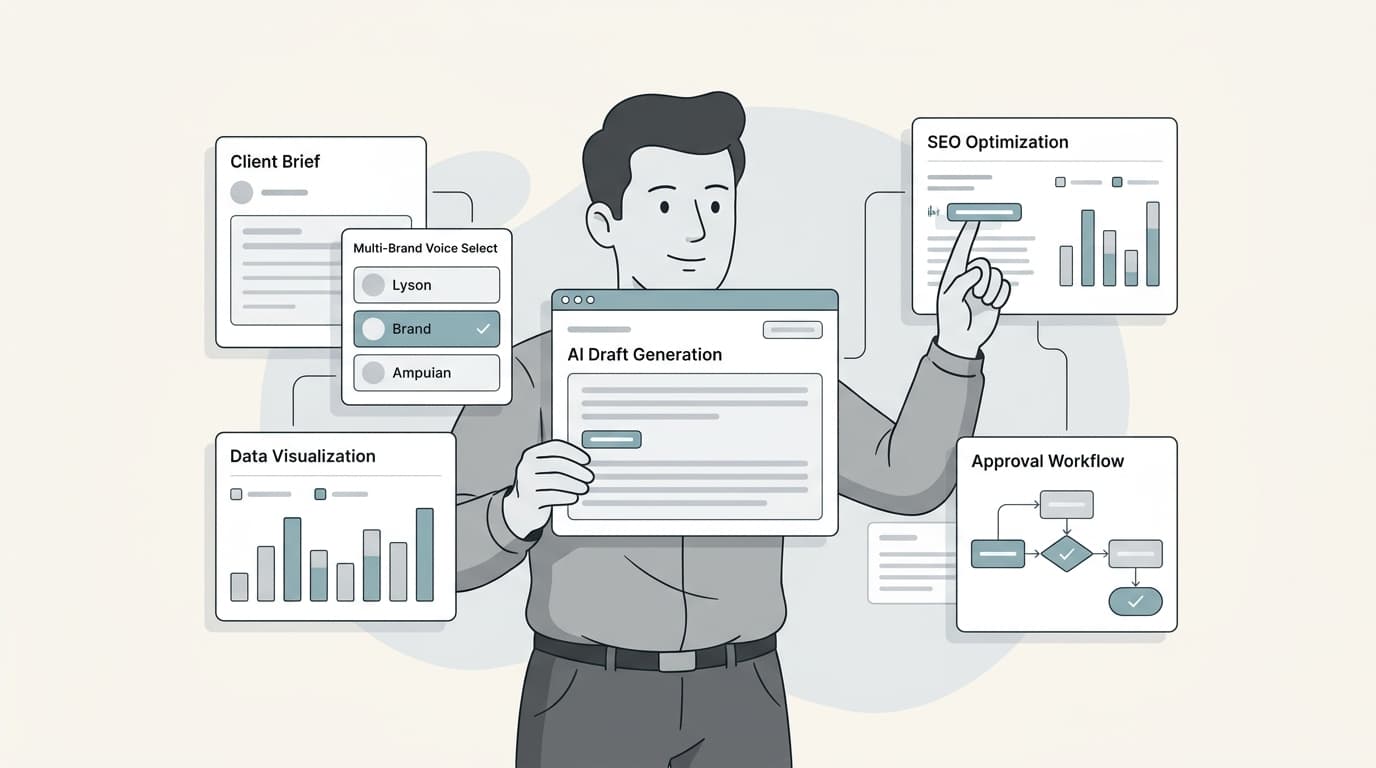 Editorial illustration of an agency content workspace with brief, draft, optimisation, and publishing panels connected in a workflow