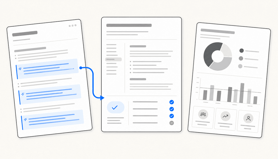 AI writing tools for HR teams -- floating document panels showing job descriptions, policy docs, and onboarding checklists being drafted with AI assistance