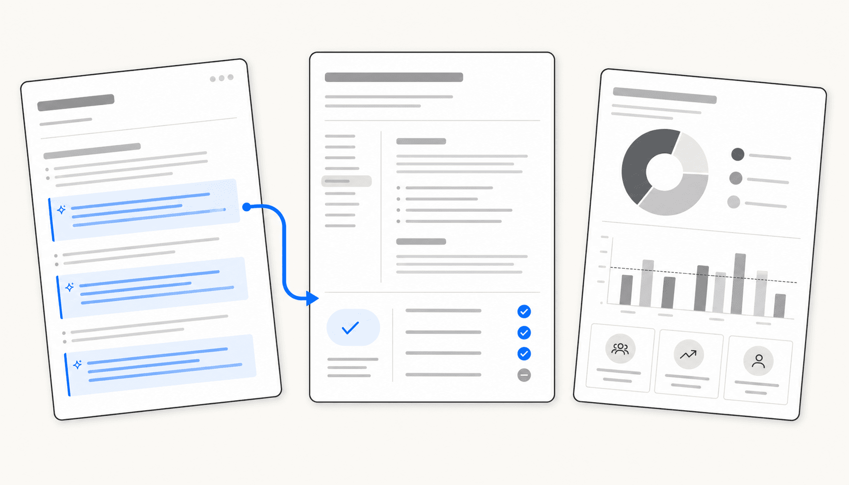 AI writing tools for HR teams -- floating document panels showing job descriptions, policy docs, and onboarding checklists being drafted with AI assistance