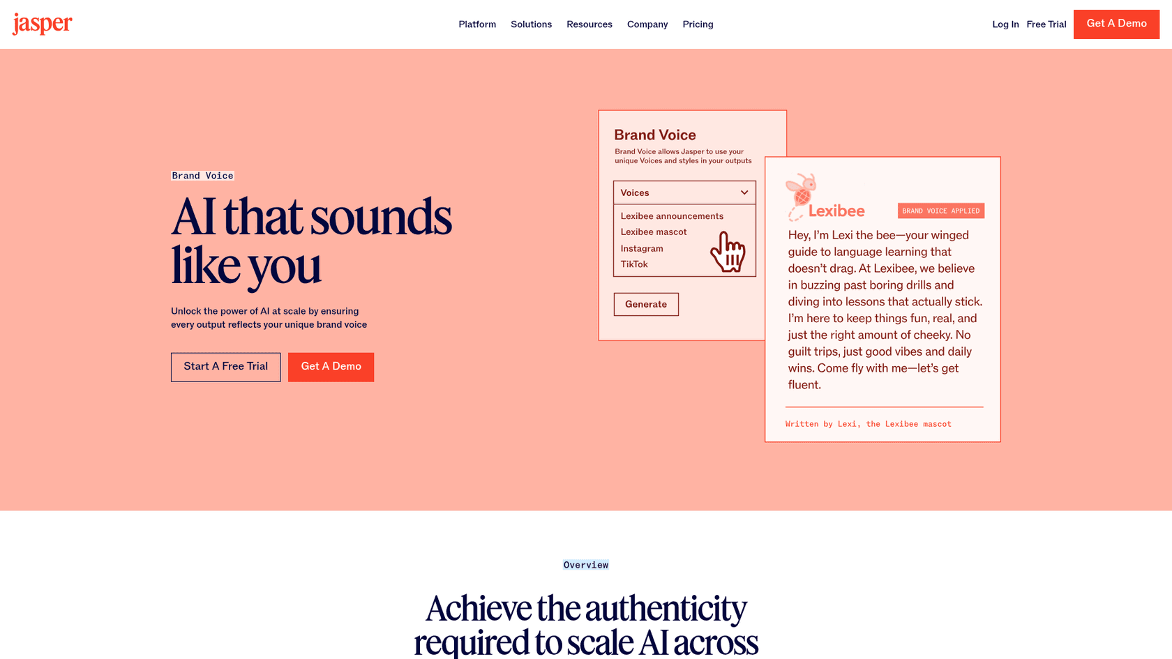 Jasper AI Brand Voice interface showing a company tone profile being configured with sample text and voice guidelines