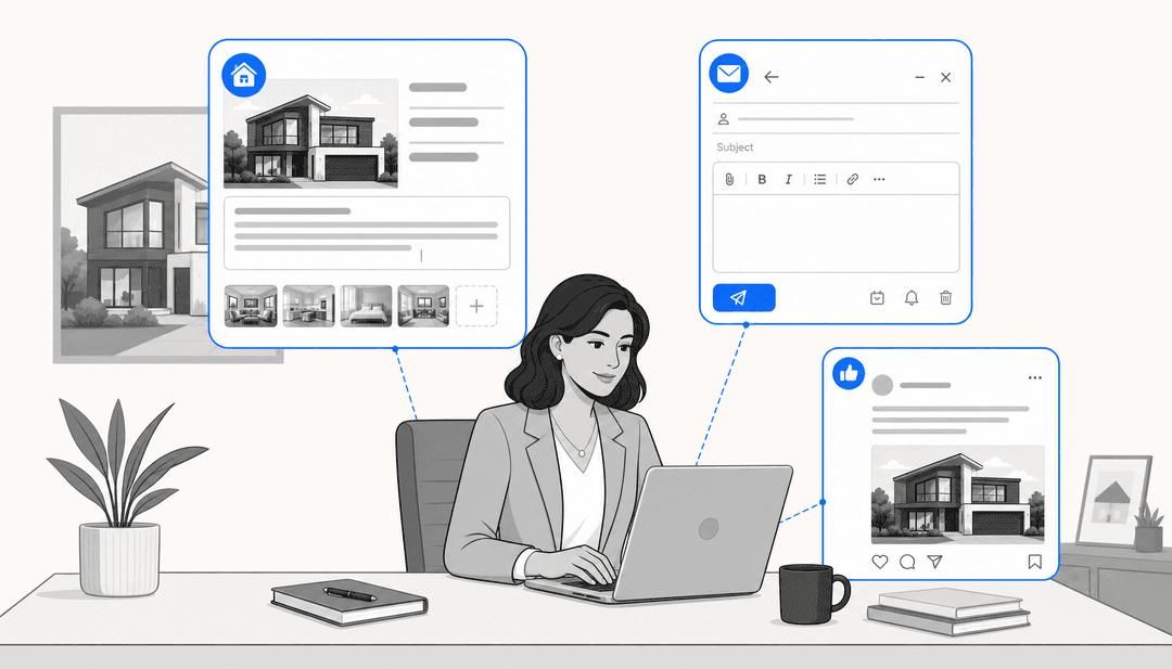 Real estate agent at desk surrounded by floating AI writing interface panels for listings, emails, and social media