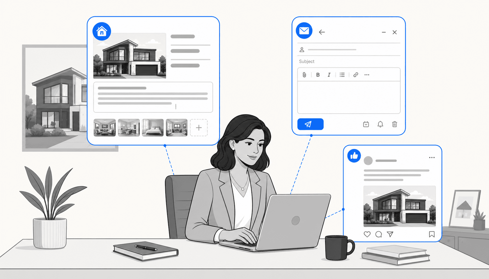 Real estate agent at desk surrounded by floating AI writing interface panels for listings, emails, and social media