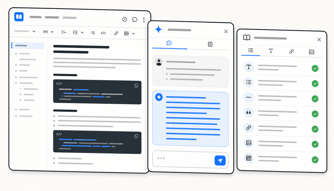 Three overlapping floating document editor panels showing a documentation page, AI writing assistant, and style guide checklist on a warm off-white background