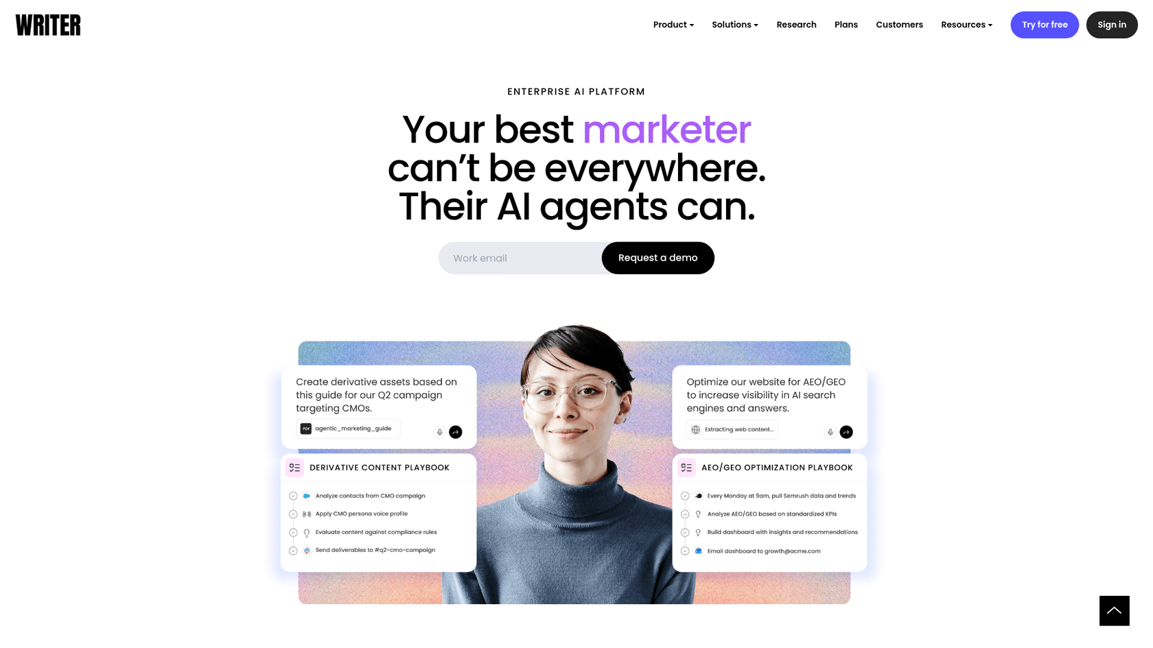 Writer.com homepage showing the enterprise AI platform
