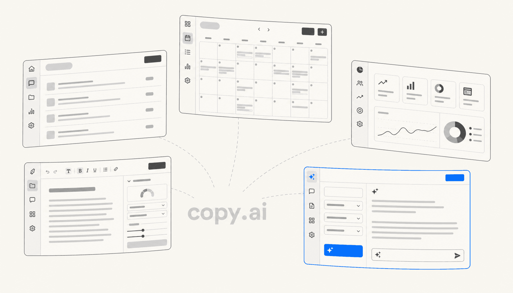 Five floating UI dashboard panels in grayscale on a warm off-white background, representing Copy.ai alternatives