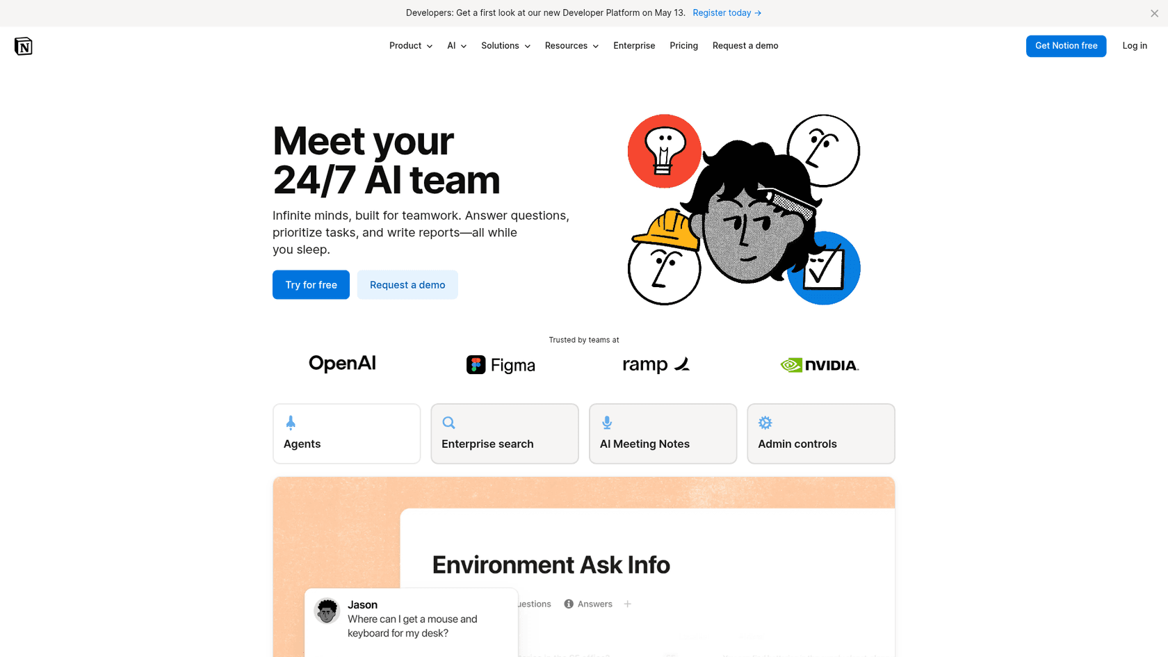 Notion AI product page showing AI workspace features
