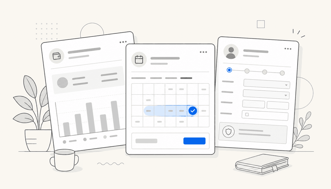 Editorial illustration of an employee self-service portal concept with floating paystub, time-off, and benefits panels