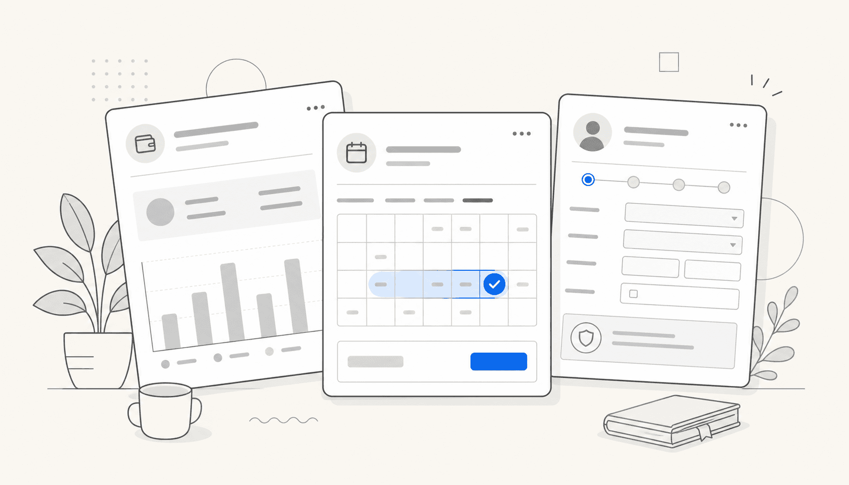 Editorial illustration of an employee self-service portal concept with floating paystub, time-off, and benefits panels