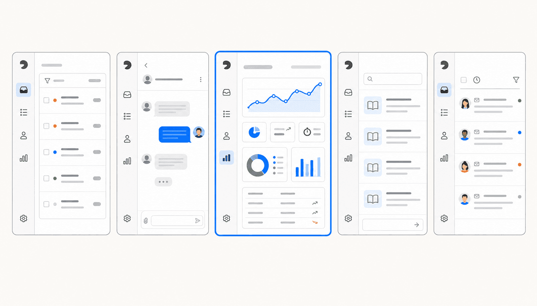 Five customer support platform UI panels side by side, one highlighted in blue, representing a comparison of Gladly alternatives