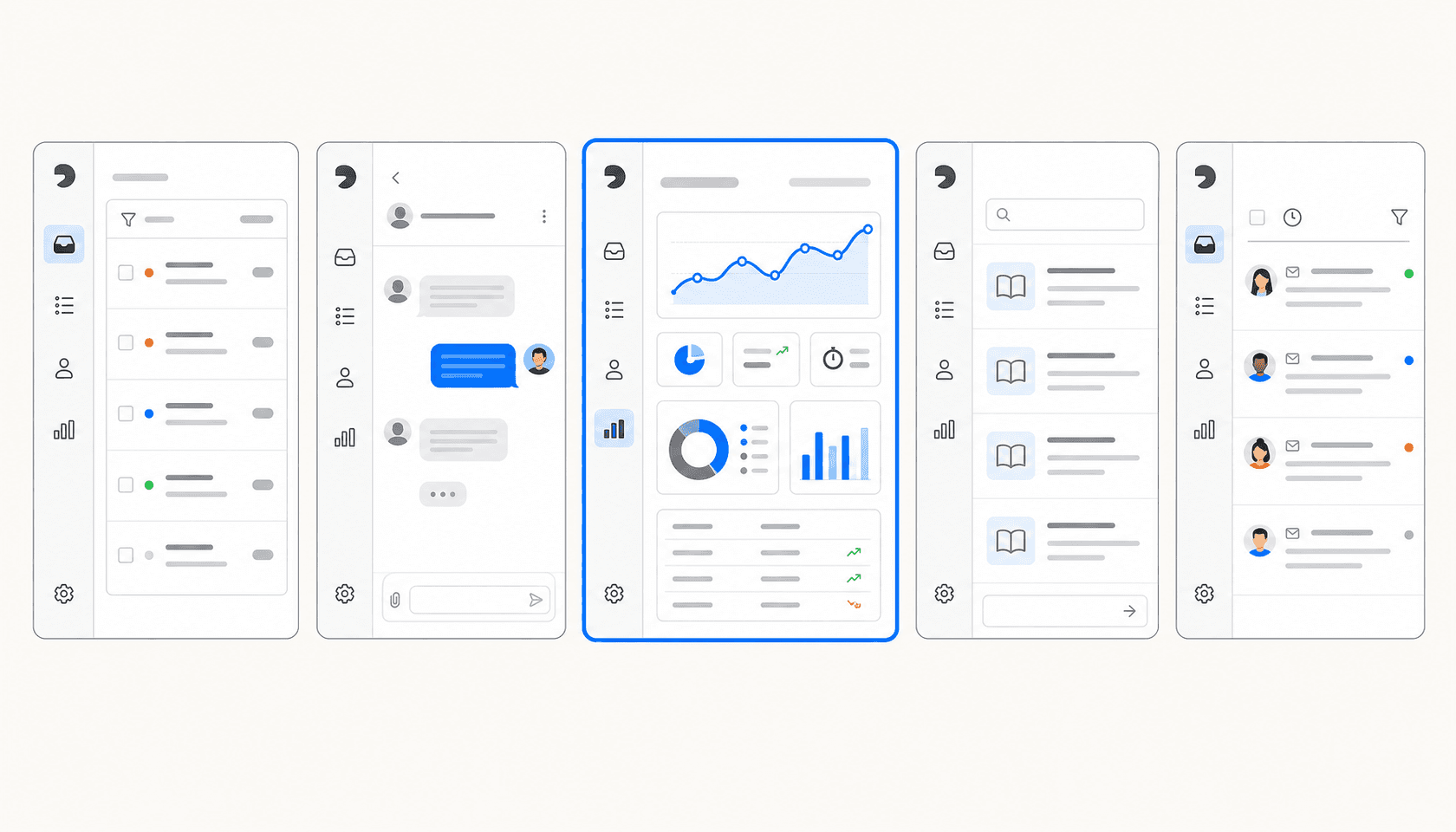 Five customer support platform UI panels side by side, one highlighted in blue, representing a comparison of Gladly alternatives