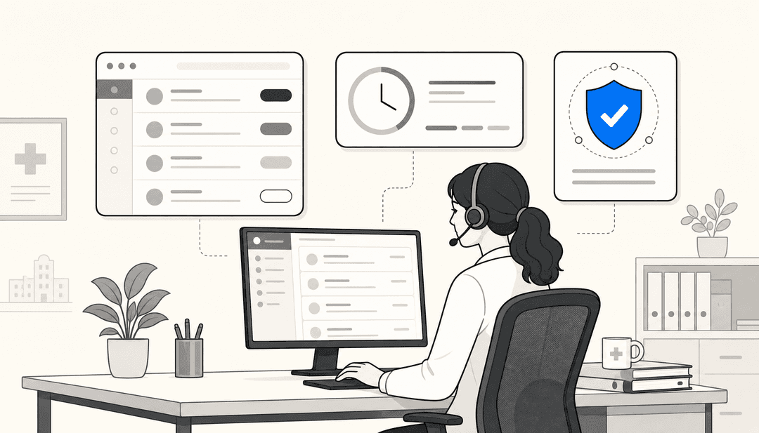 Editorial illustration of a healthcare helpdesk workspace with floating ticket inbox, SLA timer, and compliance shield panels
