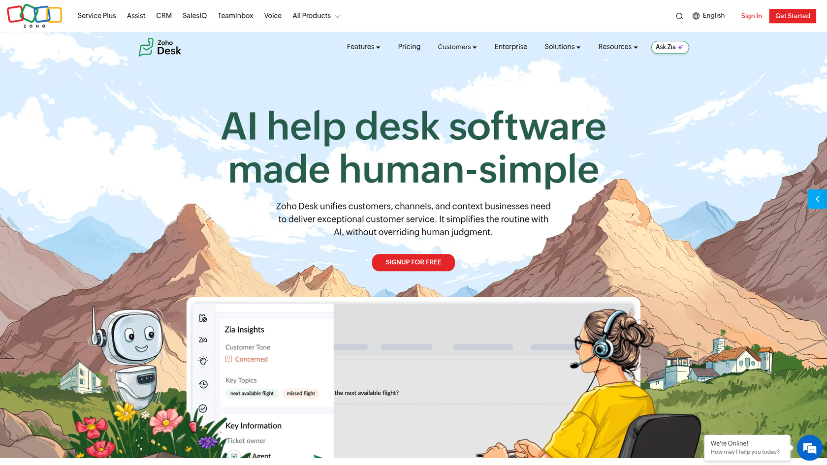Zoho Desk homepage showing omnichannel support platform