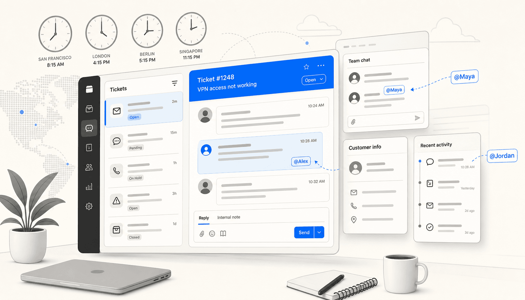 Floating multi-pane helpdesk workspace interface with ticket panels and time zone indicators