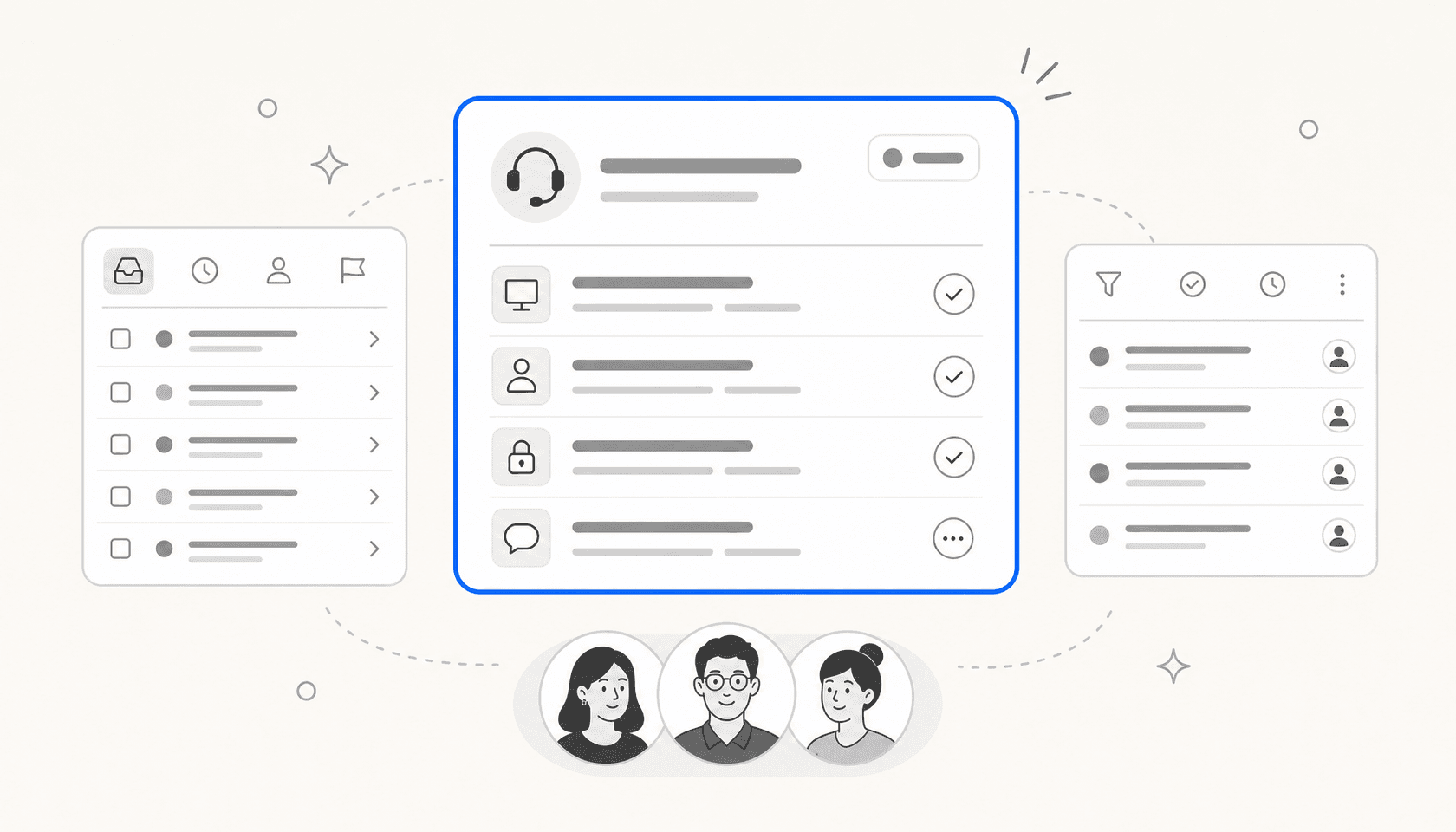 Editorial illustration of an internal helpdesk interface with floating ticket panels and team avatars