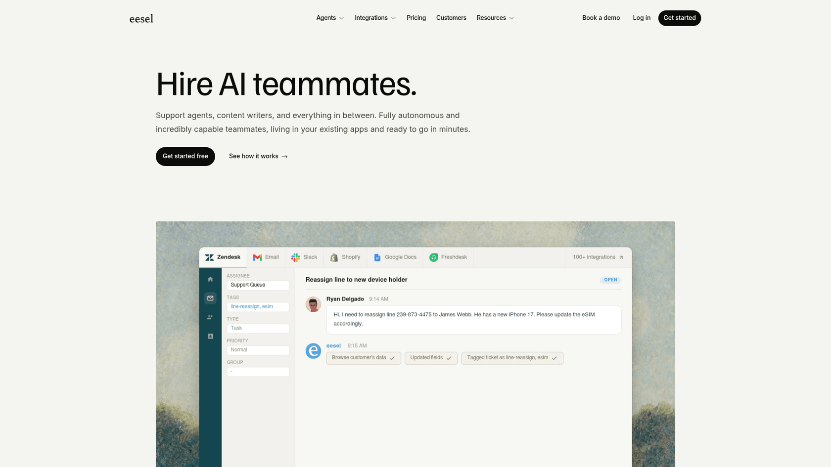 eesel AI homepage showing AI teammates for internal helpdesk support