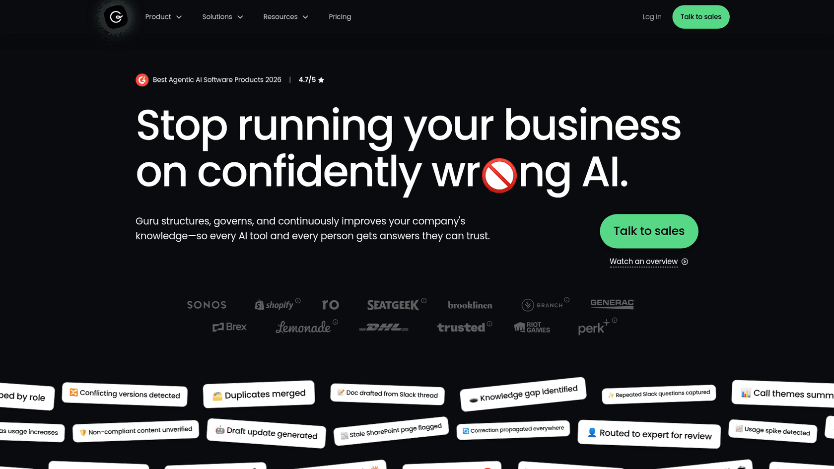 Guru homepage — the governed knowledge layer for enterprise AI