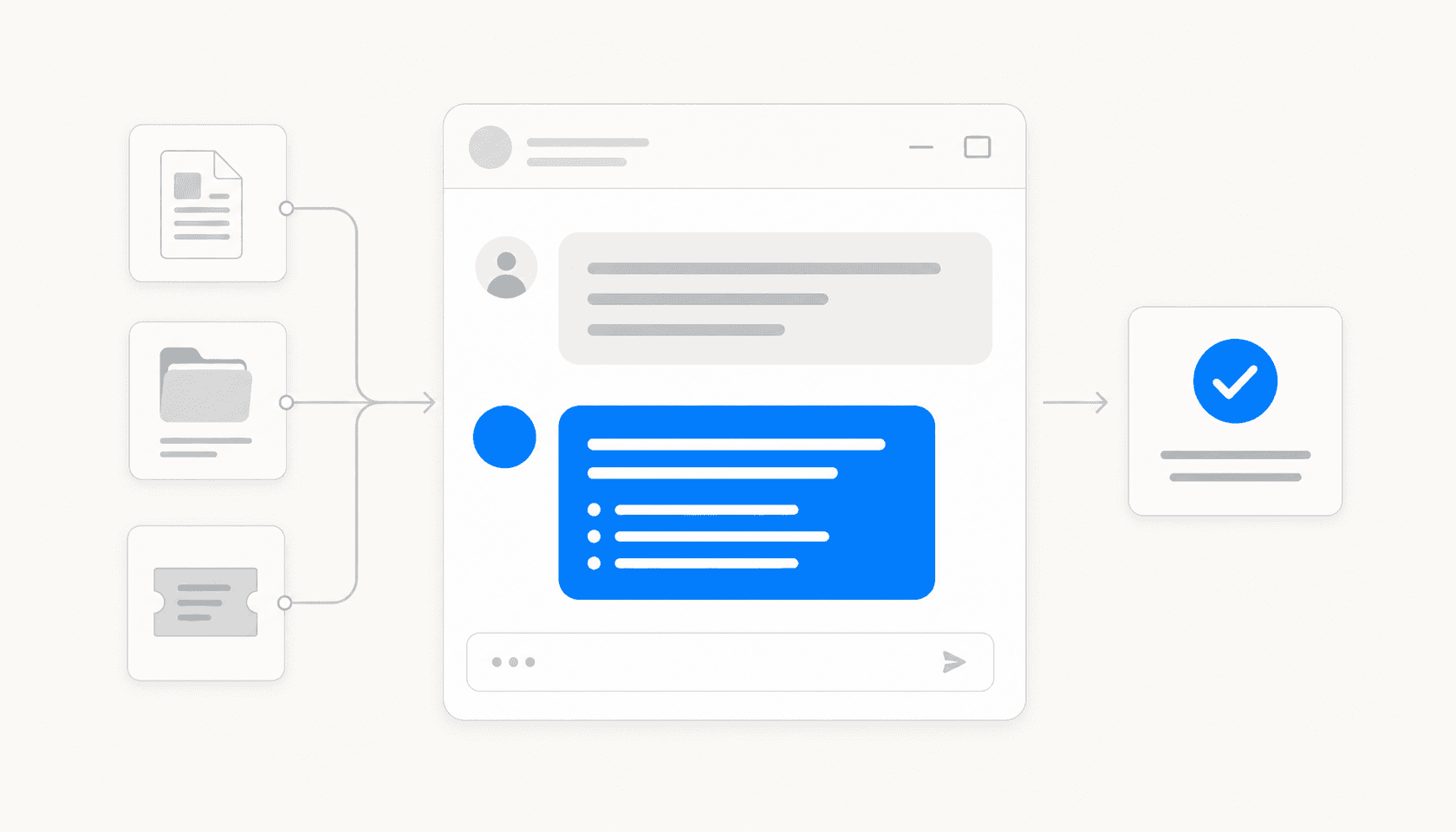 Editorial illustration of a chat interface connected to internal knowledge sources — documents feed into a bot that resolves an employee request
