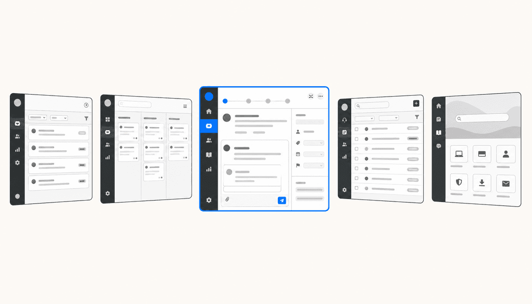 Editorial illustration of five floating helpdesk interface panels in grayscale on a warm off-white background