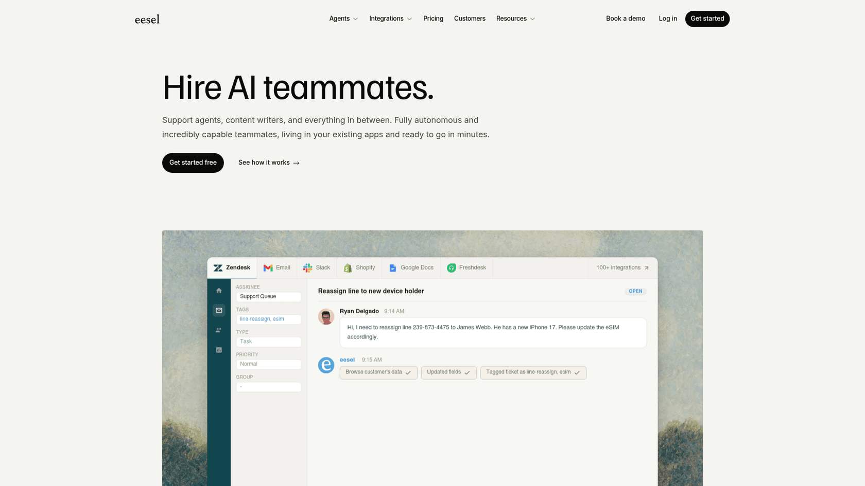 eesel AI homepage showing AI teammates for internal IT support