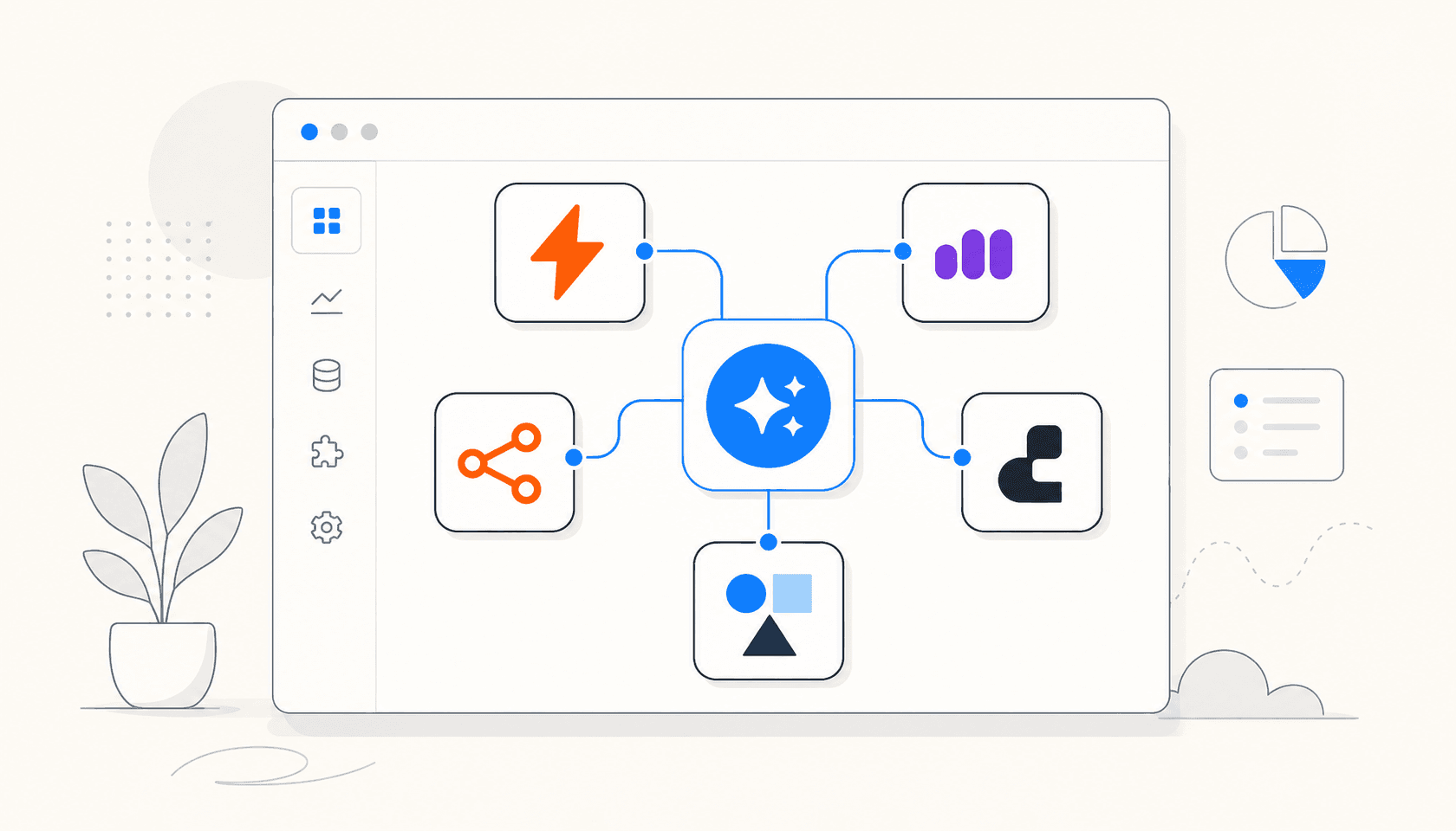 Workflow diagram showing multiple AI automation platforms connected together on a clean off-white background