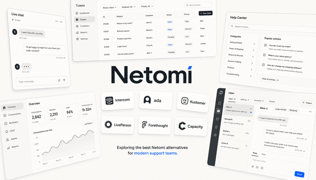 Abstract SaaS UI panels representing Netomi alternatives for AI customer service