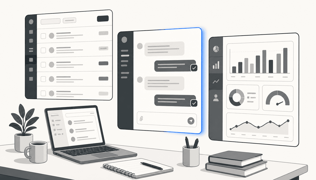 Floating UI panels showing ticket queues, AI chat resolutions, and analytics dashboards arranged in a clean editorial layout