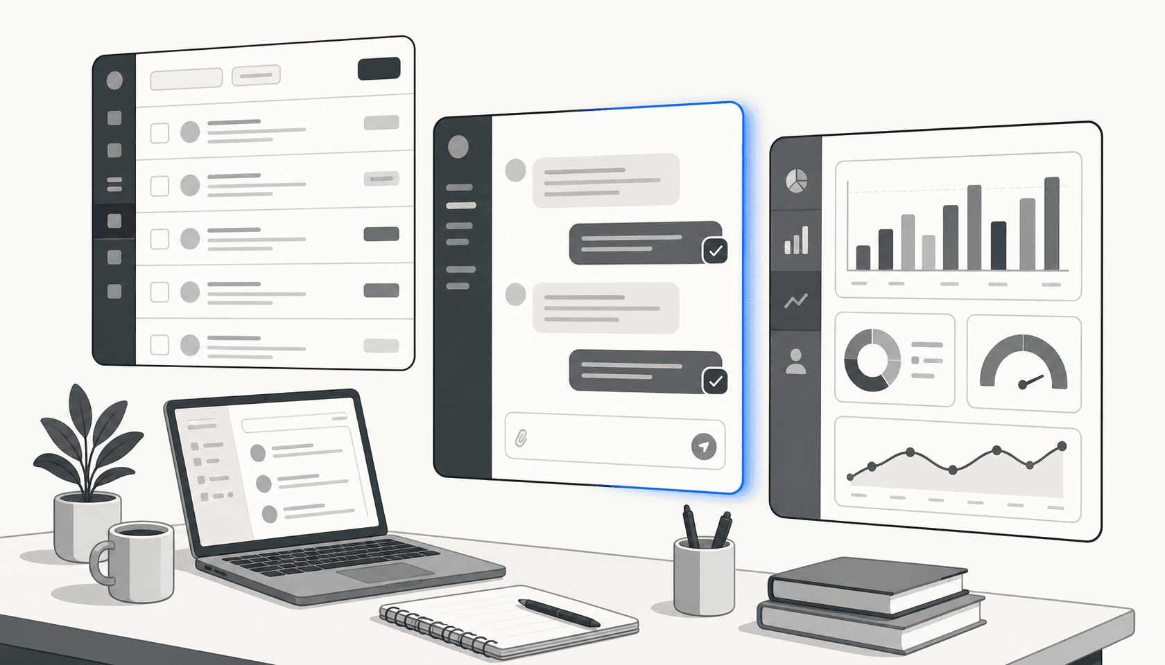 Floating UI panels showing ticket queues, AI chat resolutions, and analytics dashboards arranged in a clean editorial layout