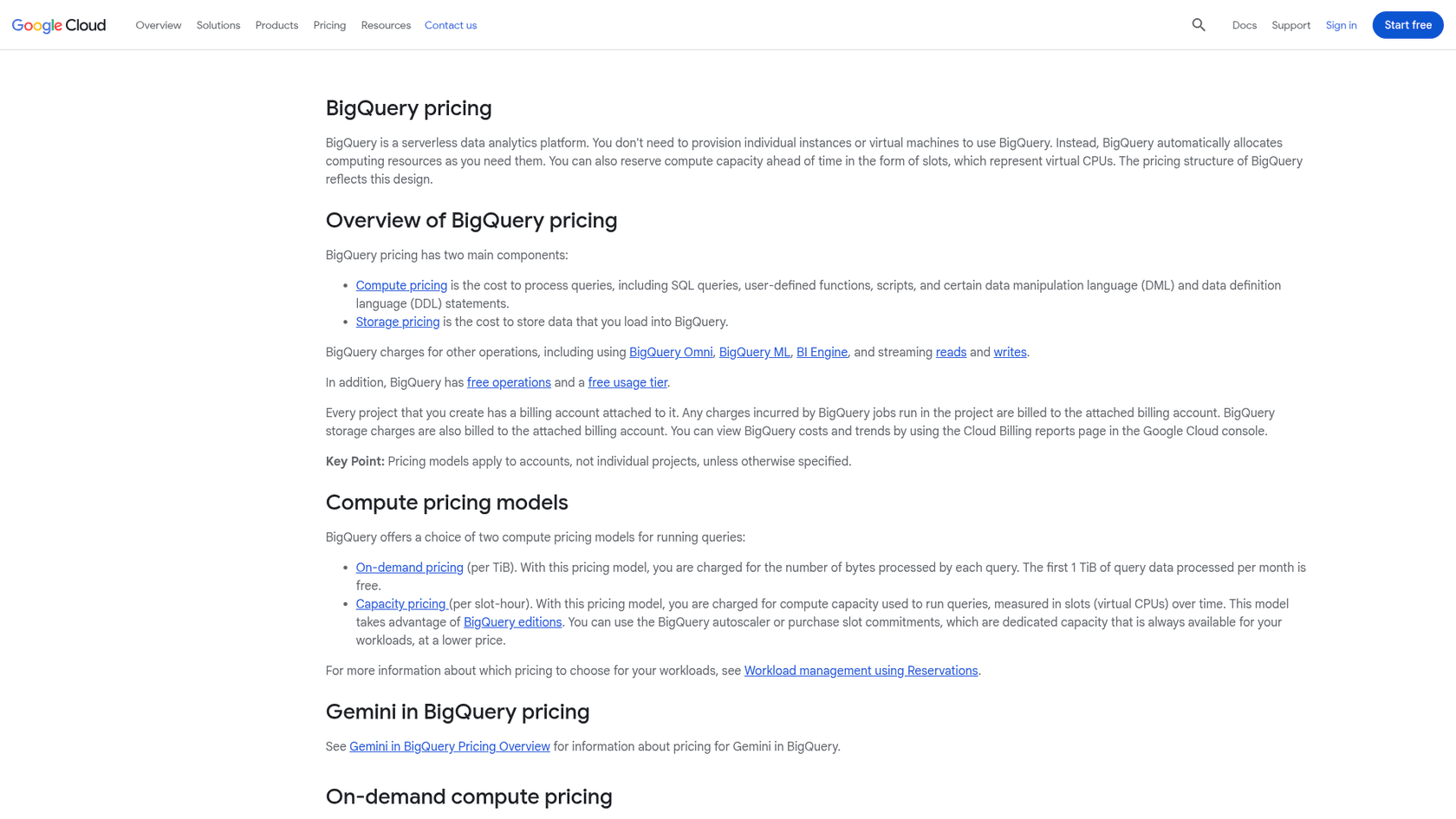 BigQuery pricing page covering on-demand and capacity compute, as taken from the vendor