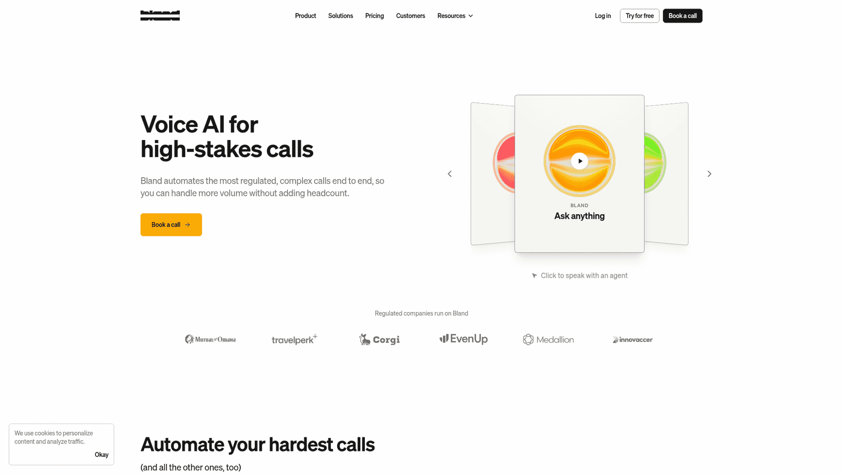 Bland's homepage with the headline "Voice AI for high-stakes calls" and a click-to-talk demo agent, as taken from Bland