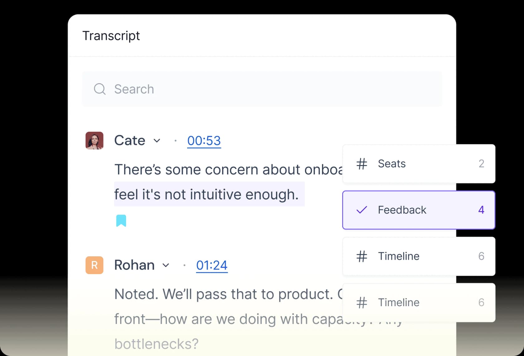A Fireflies transcript with a topic tracker sidebar counting mentions of seats, feedback and timeline, as taken from Fireflies