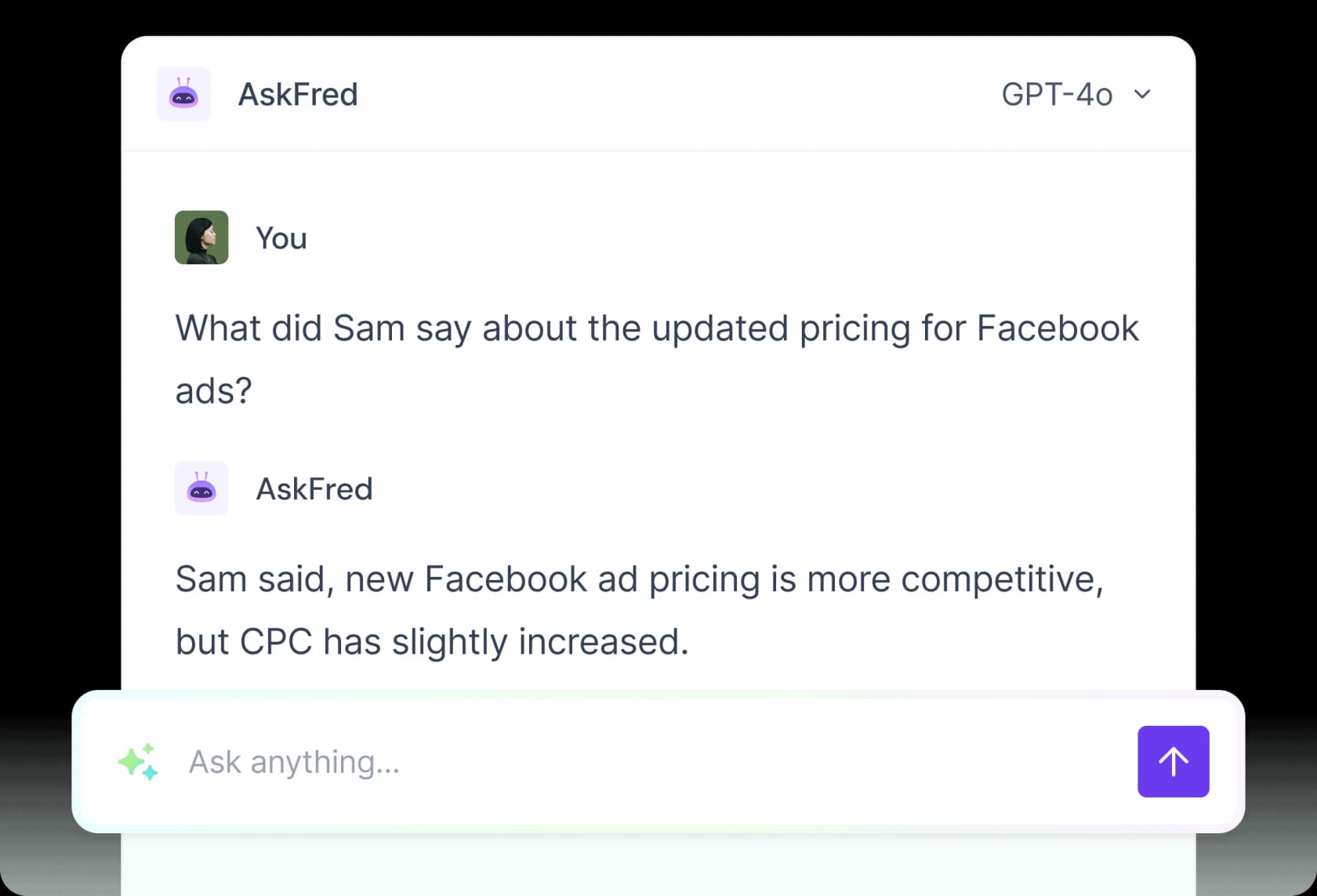 The AskFred chat panel answering a question about what a colleague said in a meeting, as taken from Fireflies