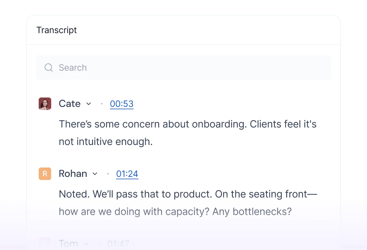 A Fireflies transcript panel with speaker names, timestamps and a search bar, as taken from Fireflies