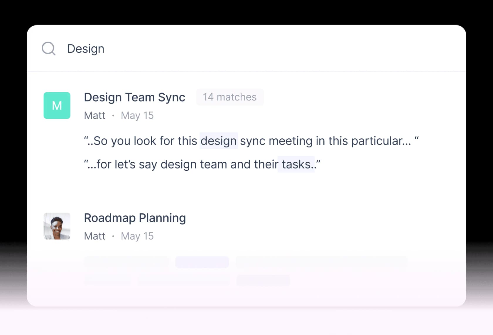Fireflies meeting search returning 14 matches for the word design across team meetings, as taken from Fireflies